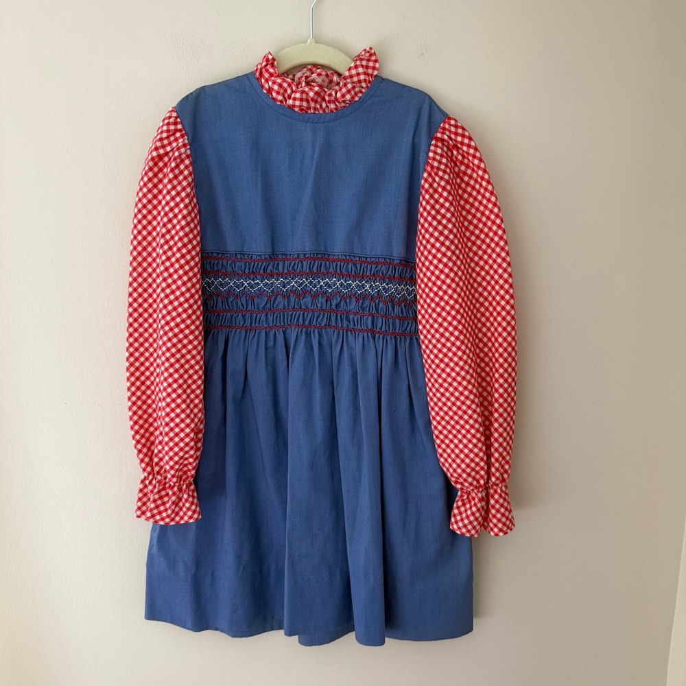 Vintage Girls Blue Smocked Dress Red Gingham‎ Check Ruffle Puff Sleeve Guyana